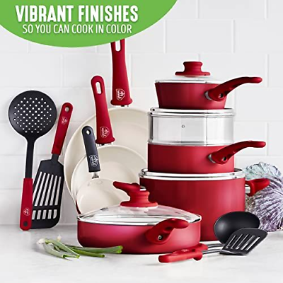 GreenLife Soft Grip Healthy Ceramic Nonstick 16 16 Piece Cookware Set, Red