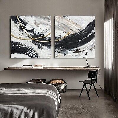 MOUODEWO 100% Hand Painted Black And White Abstract Wall Art, Canvas Wall Bed...