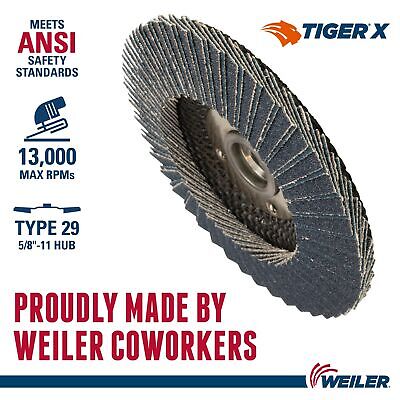 Weiler 51205 Tiger x Flap Disc, 4 1/2 in Angled, 40 Grit, 5/8 in - 11 Arbor, ...