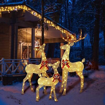 YULETIME 3-Piece Pre-lit 2.5D Christmas Reindeer Family, Lighted Glitter Chri...