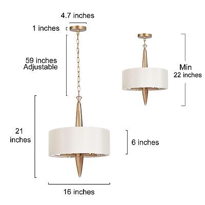 KSANA Gold Chandeliers, Modern Drum Hanging Light Fixture with White Fabric, ...