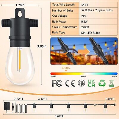 LED Outdoor String Lights Patio - 120FT Dimmable Hanging Light with Remote, 3...