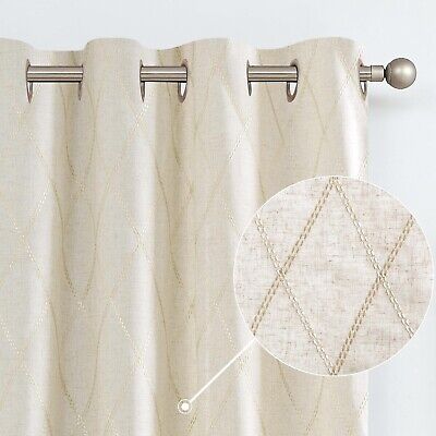 jinchan Linen Curtains for Living Room Beige Diamond Embroidered Curtains Geo...