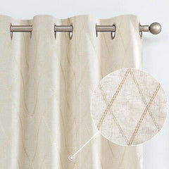 jinchan Linen Curtains for Living Room Beige Diamond Embroidered Curtains Geo...