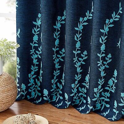 Melodieux Flower Embroidery Linen Wide Blackout Curtains for Patio Door Livin...