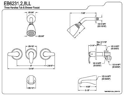 Elements of Design EB6231LL Legacy Three Handle Tub & Shower Faucet, 5" Spout...