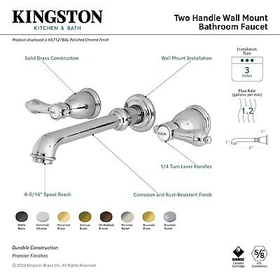 Kingston Brass KS7122BAL Heirloom Two-Handle Wall Mount Bathroom Faucet, 10-7...