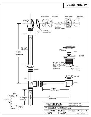 Westbrass 22" Deep Soak Tip-Toe Drain Bath Waste Overflow with Ball Joint, Oi...