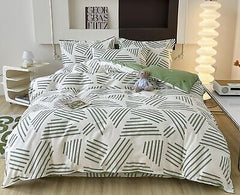 Striped Duvet Cover King, White 100% Cotton Duvet Cover with Green Stripes Pa...