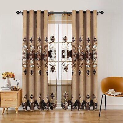 ELKCA Luxury Coffee Chenille Curtain with Embroidered Pattern for Living Room...