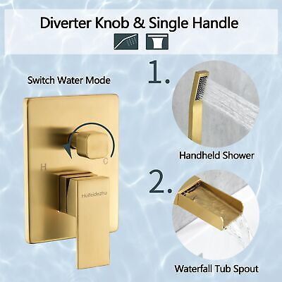 Wall Mount Bathtub Faucet with Handheld Sprayer Brushed Gold, Bathroom Wall M...