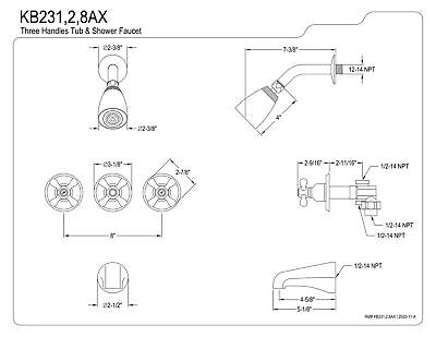 Kingston Brass KB238AX Tub and Shower Faucet with 3-Cross Handle, Brushed Nic...