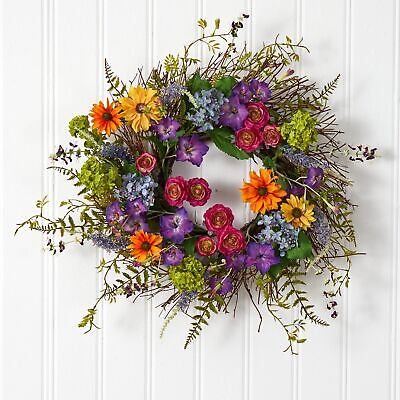 Nearly Natural 24-Inch Spring Garden Wreath with Twig Base, Multicolored/Green