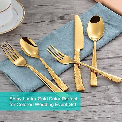 Silverware Set Gold Hammered Pattern Flatware Cutlery Stainless Steel Mirror ...