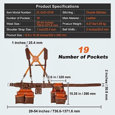 VEVOR Tool Belt Suspenders, 19 Pockets, 29-54 inches Adjustable Waist Size, T...