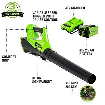 Greenworks 40V (110 MPH / 390 CFM) Cordless Blower (2.5Ah), (2.5Ah)