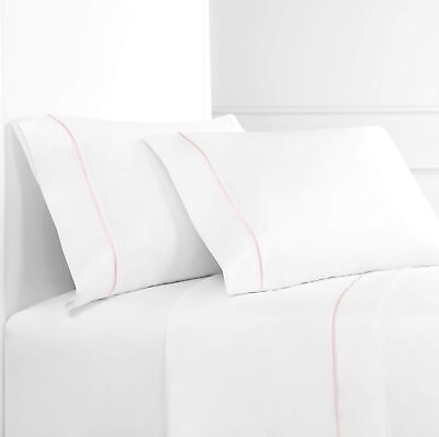 Melange Home Percale Cotton Single Embroidery Stripe, Full Sheet Set, Rose on...