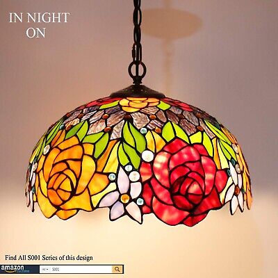 WERFACTORY Tiffany Pendant Light Fixture Red Yellow Rose Stained Glass Hangin...