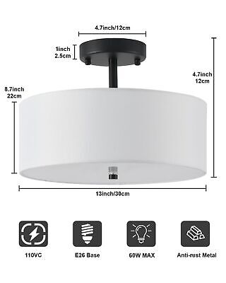 13" Semi Flush Mount Ceiling Light Fixture, 3-Light Black Drum Flush Mount Li...