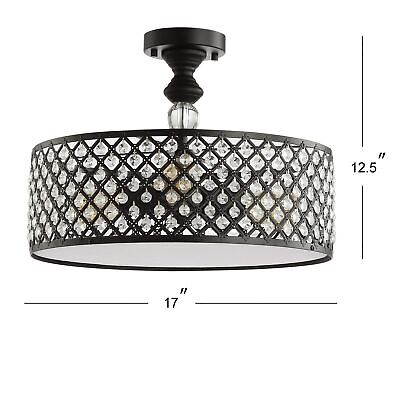 JONATHAN Y JYL6147A Elise 17" 3-Light Crystal/Metal Drum Semi-Flush Mount, Cl...