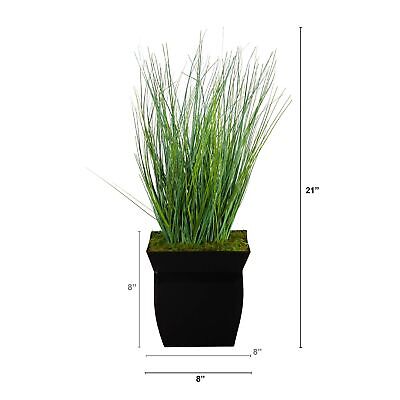 Nearly Natural 21in. Onion Grass Artificial Plant in Black Metal Planter