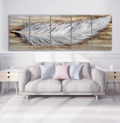 Yihui Arts Rustic Feather Metal Wall Art, Brown and Silver Aluminum Artwork, ...