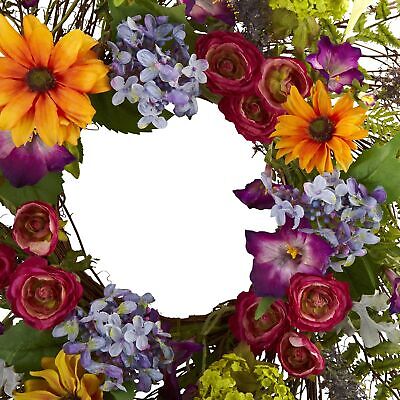 Nearly Natural 24-Inch Spring Garden Wreath with Twig Base, Multicolored/Green