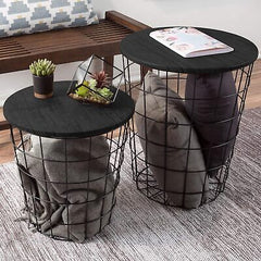 Set of 2 Nesting Storage Side Tables - Vintage Look with Wood Veneer Black