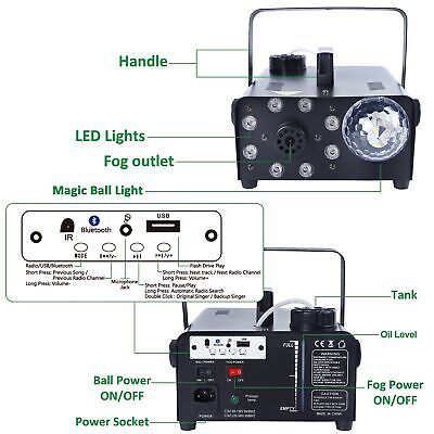 ATDAWN Fog Machine with 8 LED Lights and Disco Ball, Wireless Remote Control ...