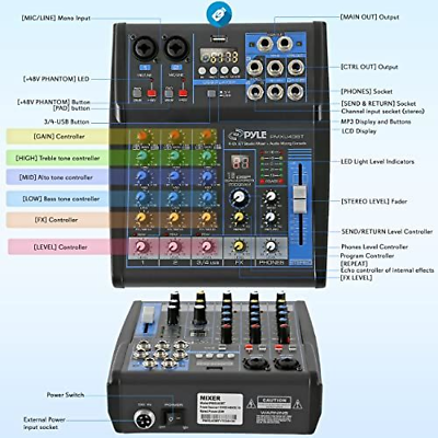 Pyle Professional Audio Mixer Sound Board Console System Interface 4 Black