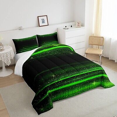 Ombre Stripes Bedding Set Queen Black Green Outer Space Comforter Modern Grad...