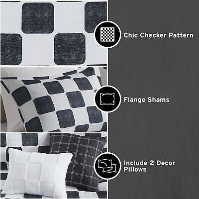 Intelligent Design Queen Comforter Set Chic Black & White Checkered Print Com...