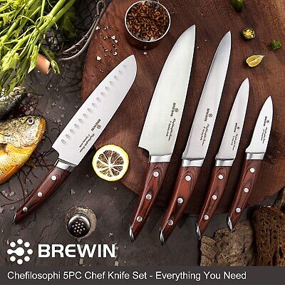 Brewin CHEFILOSOPHI Japanese Chef Knife Set 5 PCS with Elegant Red Pakkawood ...