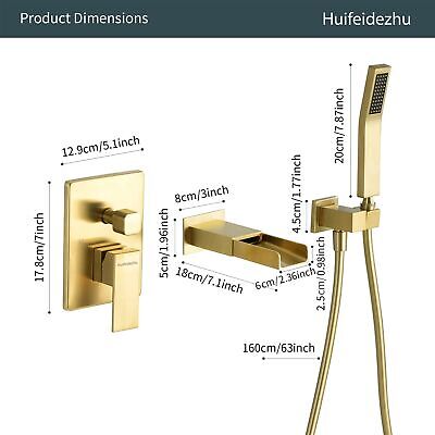 Wall Mount Bathtub Faucet with Handheld Sprayer Brushed Gold, Bathroom Wall M...