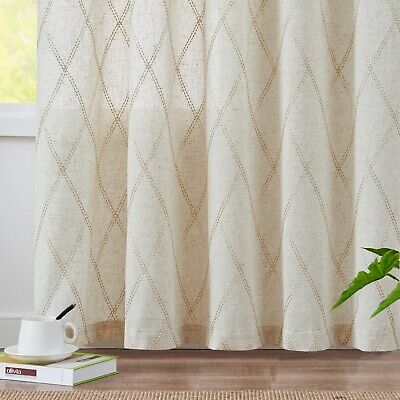 jinchan Beige Linen Curtains for Living Room Diamond Embroidered Back Tab Dra...