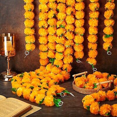 Zeyune 50 Pcs 5 Feet Marigold Garland with Green Leaves Orange Artificial Mar...