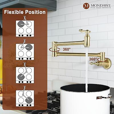 MONDAWE Brushed Gold Pot Filler Faucet, Wall Mount Stove Faucet, 1.8 GPM Retr...