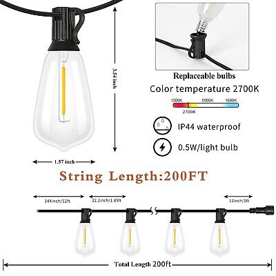 200FT LED Outdoor String Lights, Waterproof Patio Lights with 100+4 Edison Sh...