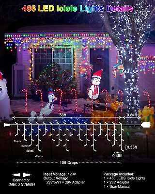 53 FT Icicle Lights for Outside, 486 LED Icicle Christmas Lights Outdoor Plug...