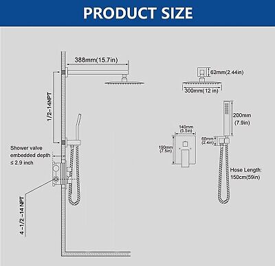 12 Inch Shower Faucet Set, Rainfall Shower System with Square Fixed Rain Show...