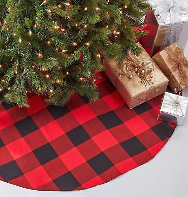 Saro Lifestyle Buffalo Plaid Design Cotton Christmas Tree Skirt, Red, 84" 84"