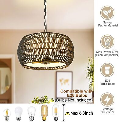 19.5" Farmhouse Chandelier for Dining Room,5-Lights Rattan Large Pendant Ligh...