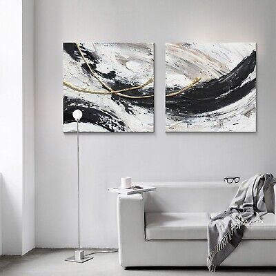 MOUODEWO 100% Hand Painted Black And White Abstract Wall Art, Canvas Wall Bed...