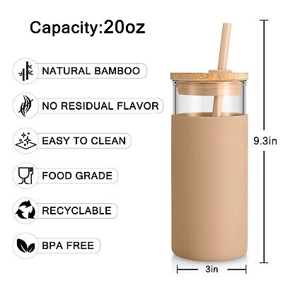 Tronco 20 oz Glass Tumbler Glass Water Bottle Straw Silicone Protective Sleev...