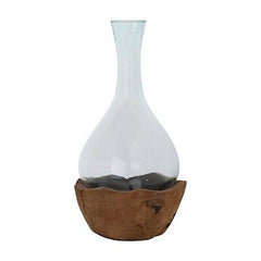 Creative Co-Op Recycled Glass Teakwood Base Vase, 8" L x 8" W x 16" H