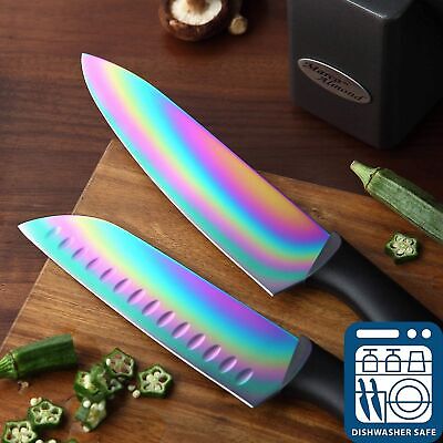 Marco Almond Knife Set with Block, 14 Piece Rainbow Titanium Knife Block Set,...