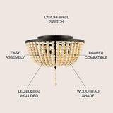 JONATHAN Y JYL9019B Allison 15" Wood Beaded/Metal LED Flush Mount, Contempora...