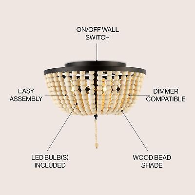 JONATHAN Y JYL9019B Allison 15" Wood Beaded/Metal LED Flush Mount, Contempora...