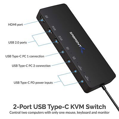 SABRENT KVM Switch, USB-C, 1-PC to 1-Display with 60 Watt Power Delivery (USB...