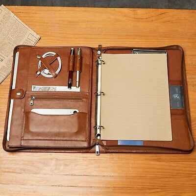 YIWEN Handmade Genuine Leather Portfolio, Zippered Padfolio with 3 Ring Binde...